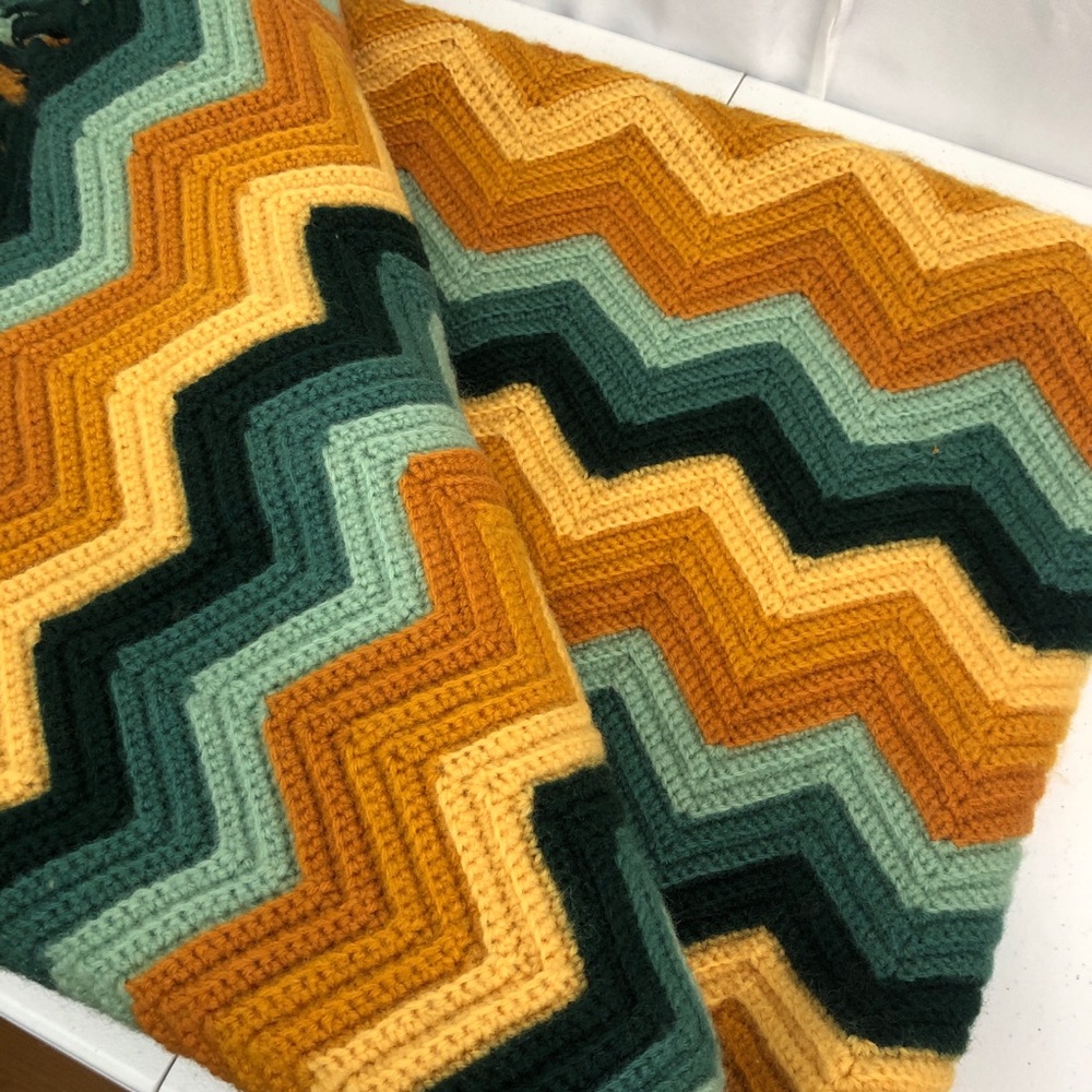 Chevron Patterned Afghan Fringe Blanket 70” x 50” Greens Golds